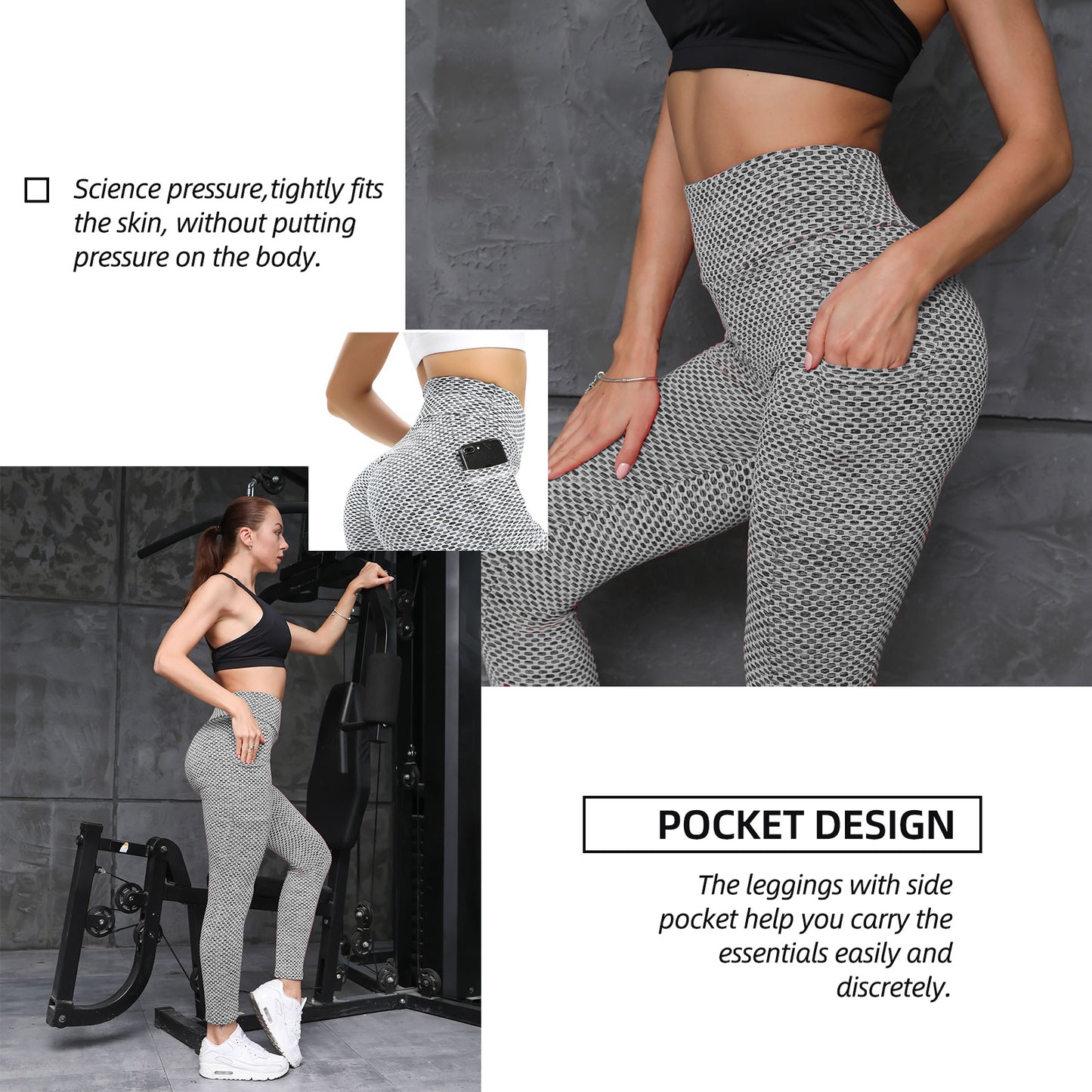 TIK Tok Leggings Women Butt Lifting High Waist Yoga Pants Pocket Grey M