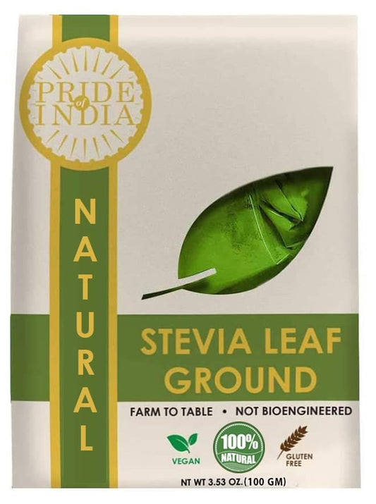 Pride of India – Stevia Leaf Ground – Natural Zero Calorie Sweetener – Sugar-Free – Ideal for Cooking & Beverages – Comes in resealable packs – Easy to Store – 3.53 oz. pack